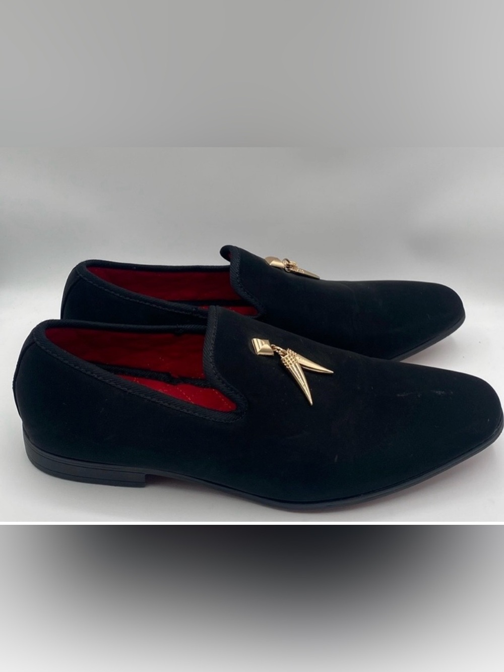 Italian Shoes La Milano Black Velvet Slip-On Loafers with Gold Detail